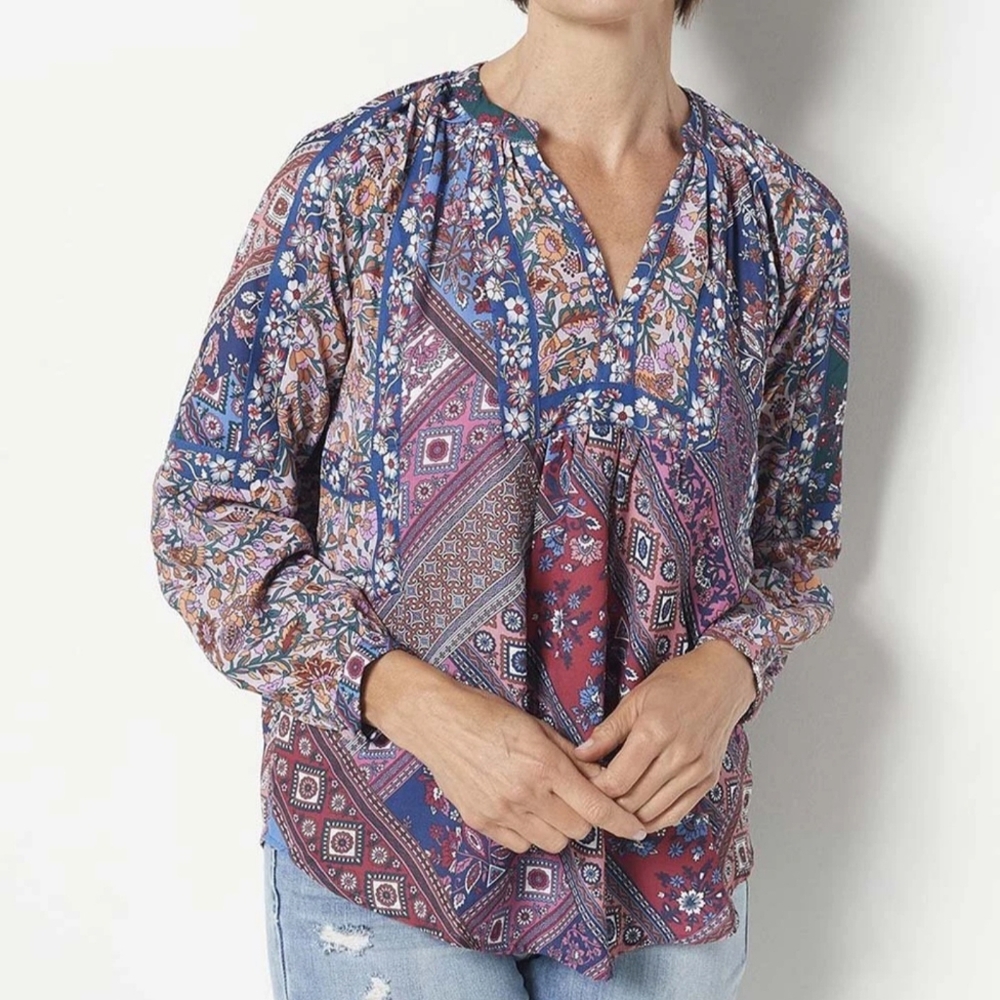 Tolani Collection Artsy Floral Paisley‎ Bandana Bohemian V neck Blouse S